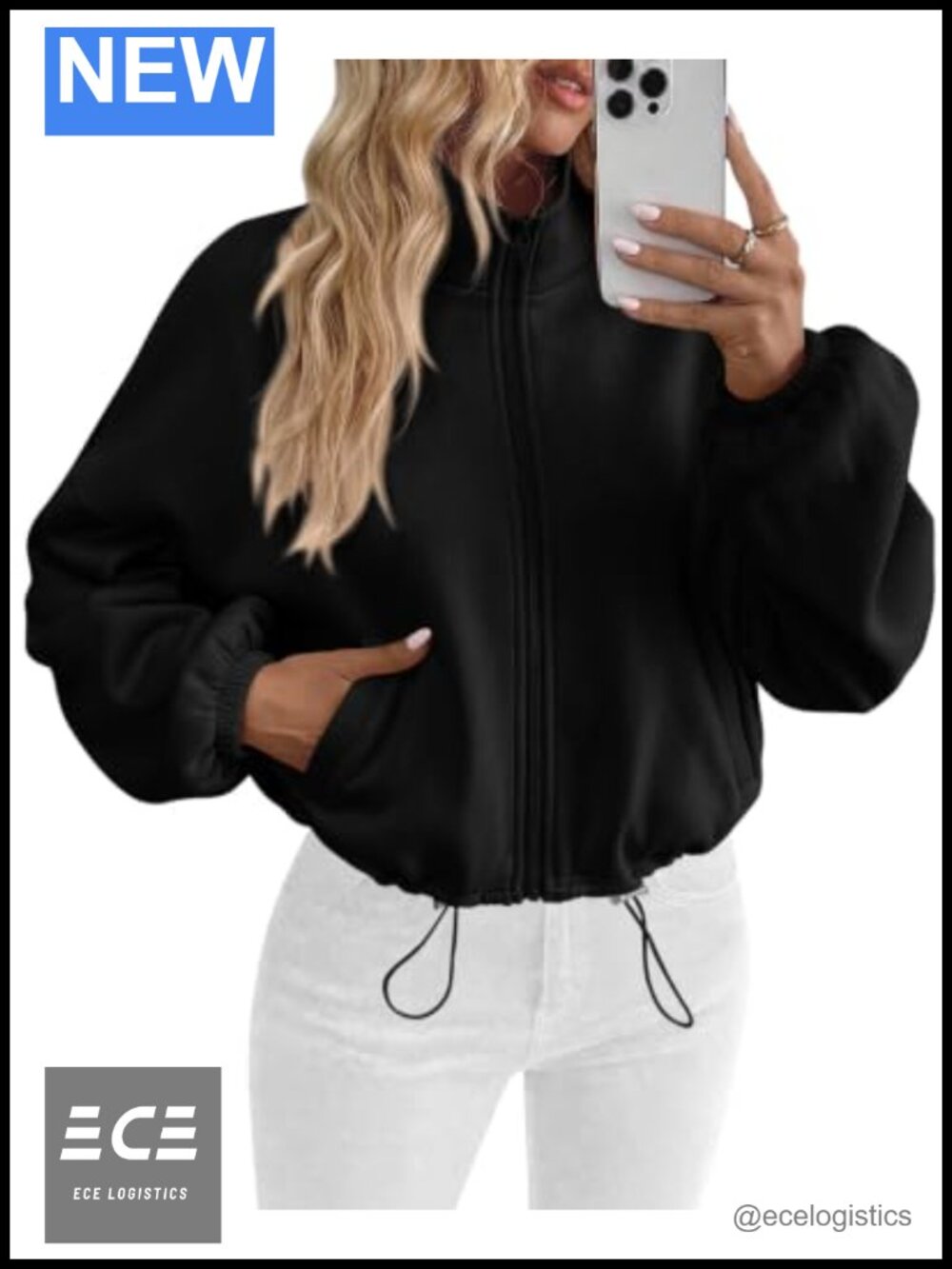 Cropped Zip Up Fleece Sweatshirt with Drawstring Hem & Pockets